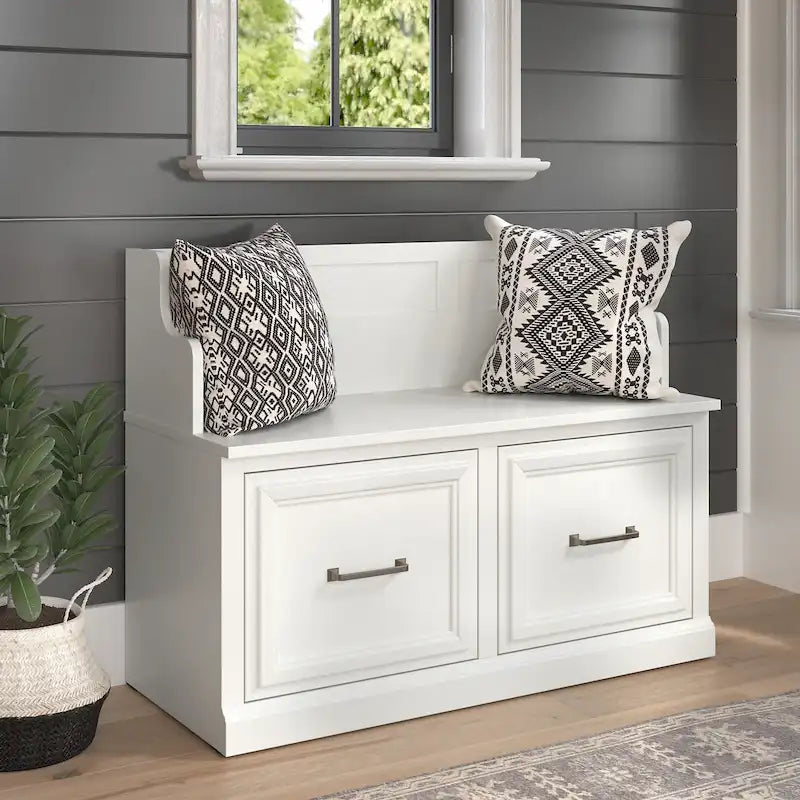 40-Inch Entryway Bench with Cabinet Doors and Seat Back