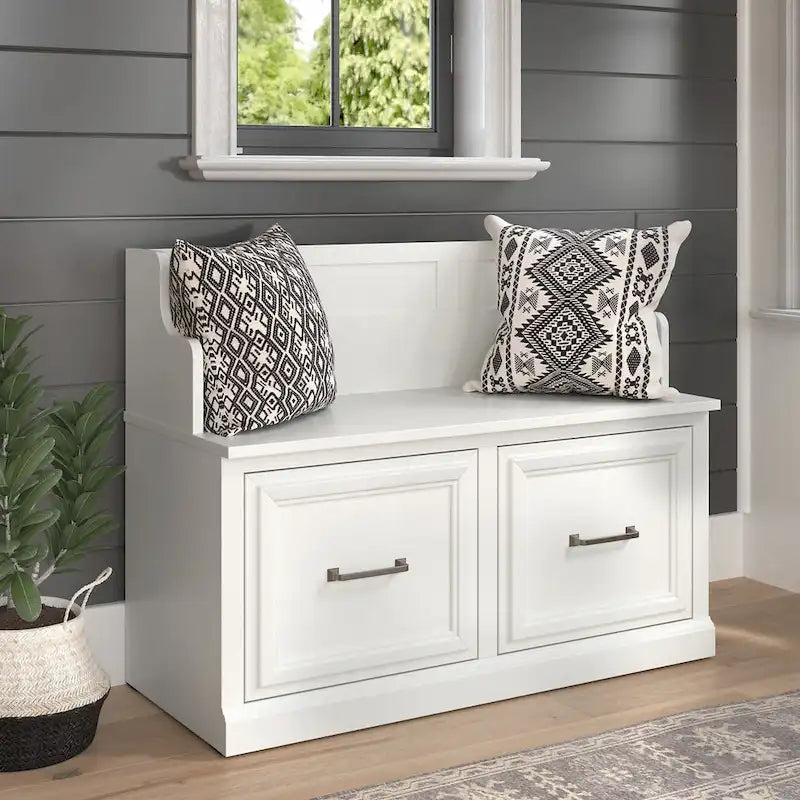40-Inch Entryway Bench with Cabinet Doors and Seat Back