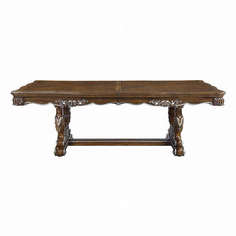 Extendable Dining Table with Carved Silver Trim, Antique Oak, 90-114 Inch