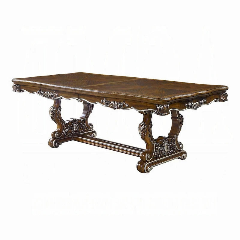 Extendable Dining Table with Carved Silver Trim, Antique Oak, 90-114 Inch