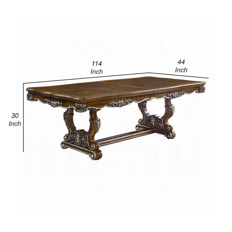 Extendable Dining Table with Carved Silver Trim, Antique Oak, 90-114 Inch