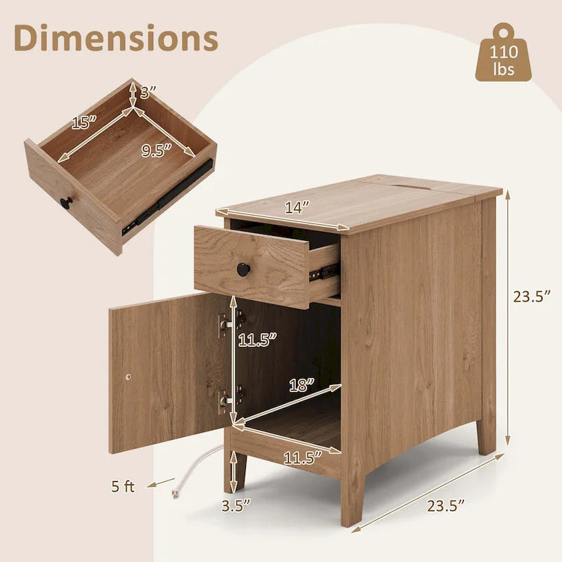 End Table with Charging Station and Flip-Top, Bedside or Sofa Side Table