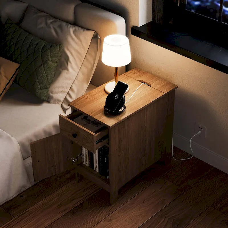 End Table with Charging Station and Flip-Top, Bedside or Sofa Side Table