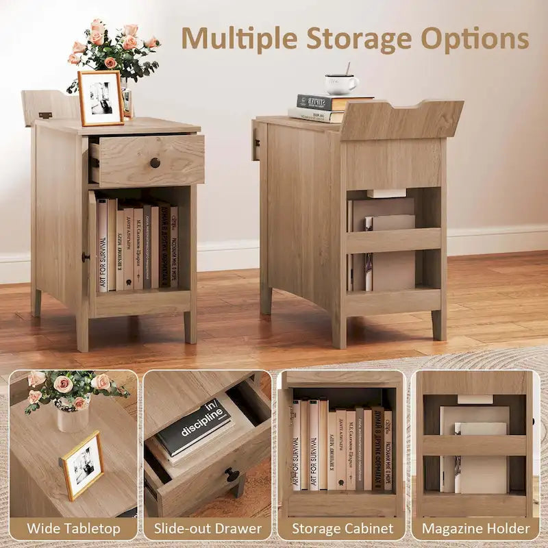 End Table with Charging Station and Flip-Top, Bedside or Sofa Side Table