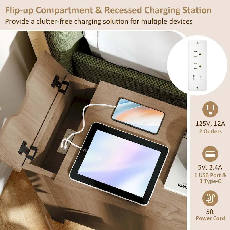 End Table with Charging Station and Flip-Top, Bedside or Sofa Side Table