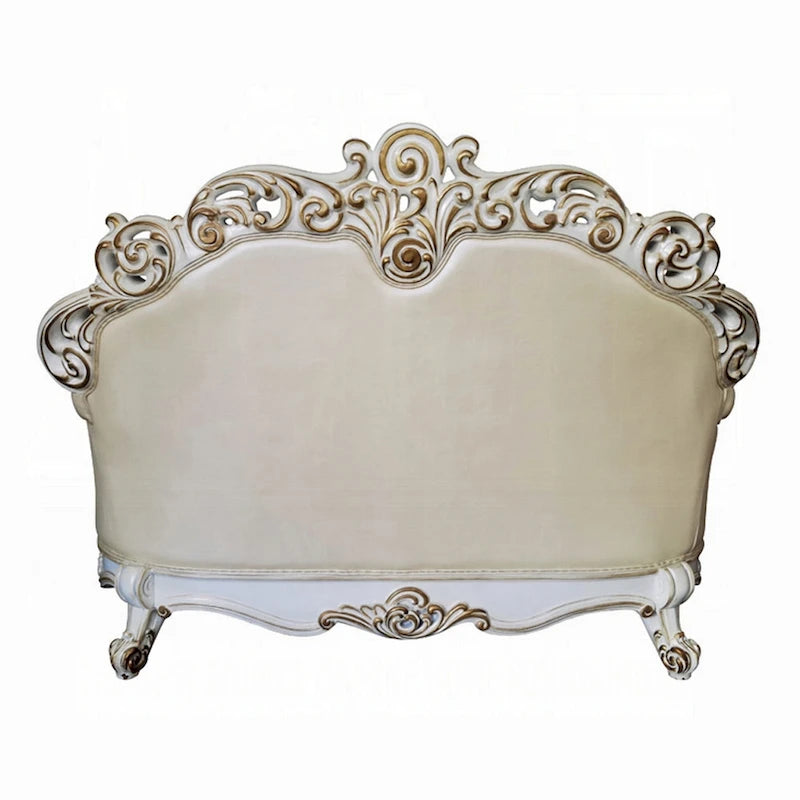 70-Inch Traditional Carved Loveseat in Champagne Faux Leather, Pearl White