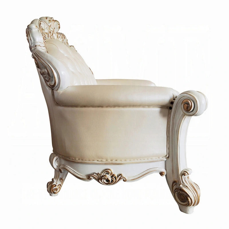 70-Inch Traditional Carved Loveseat in Champagne Faux Leather, Pearl White