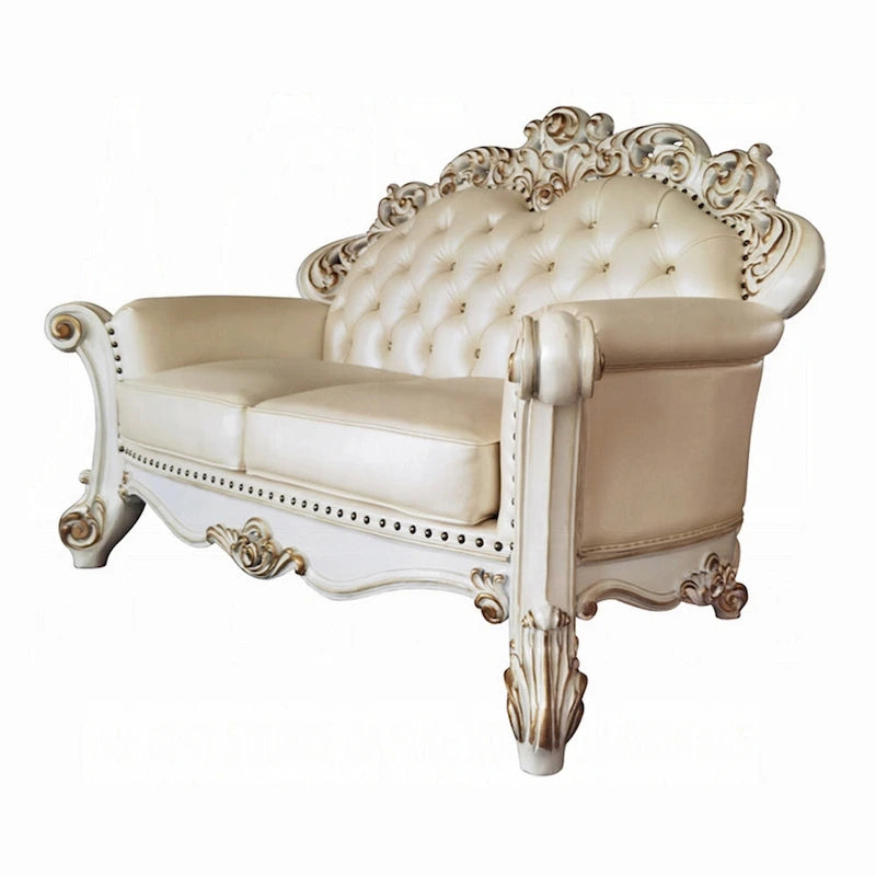 70-Inch Traditional Carved Loveseat in Champagne Faux Leather, Pearl White