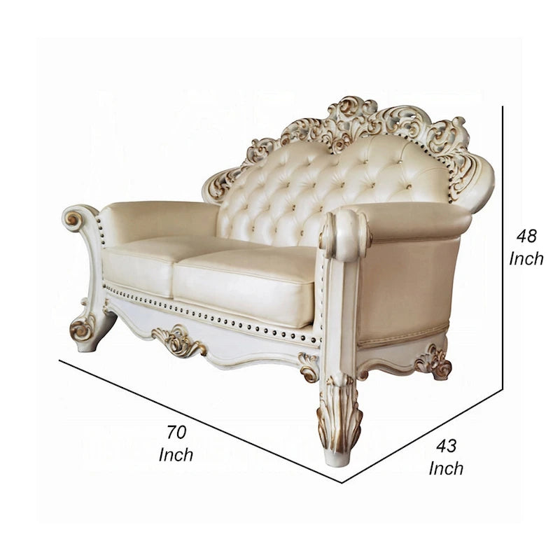 70-Inch Traditional Carved Loveseat in Champagne Faux Leather, Pearl White