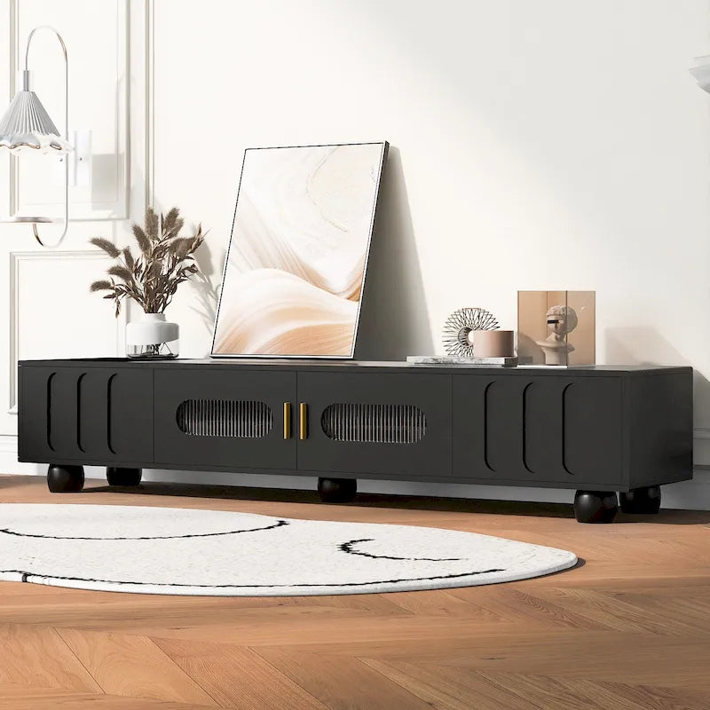 TV Stand with Tempered Glass Doors and Wood Legs