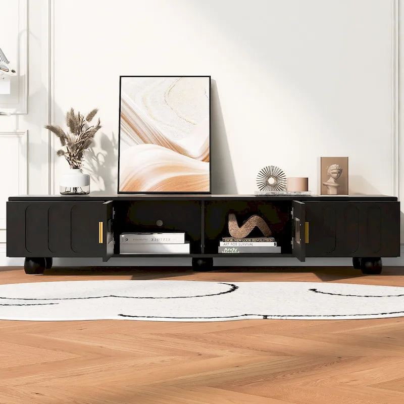 TV Stand with Tempered Glass Doors and Wood Legs