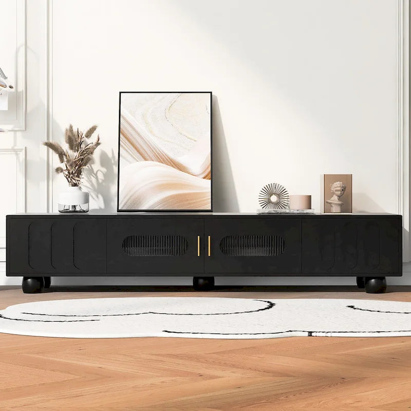 TV Stand with Tempered Glass Doors and Wood Legs