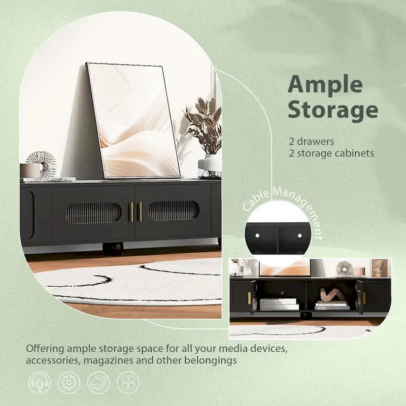 TV Stand with Tempered Glass Doors and Wood Legs