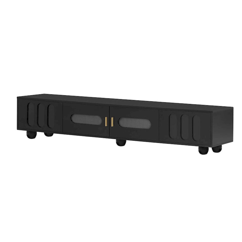 TV Stand with Tempered Glass Doors and Wood Legs