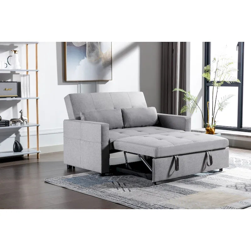 Light Grey Linen Loveseat Convertible Sofa Bed with Side Pockets