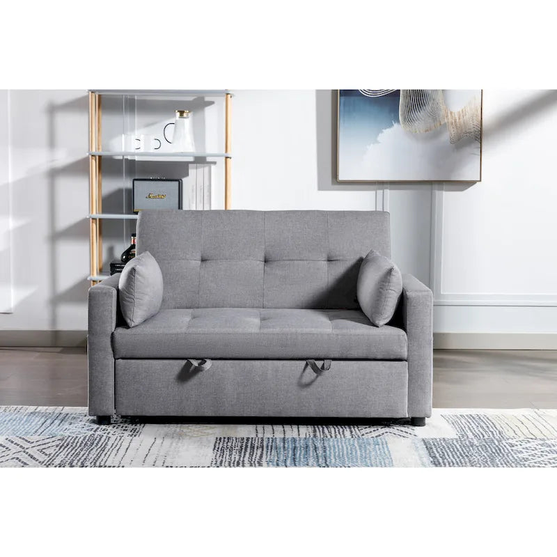 Light Grey Linen Loveseat Convertible Sofa Bed with Side Pockets