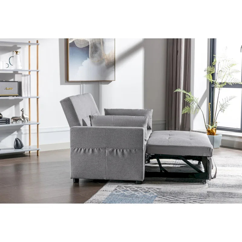 Light Grey Linen Loveseat Convertible Sofa Bed with Side Pockets