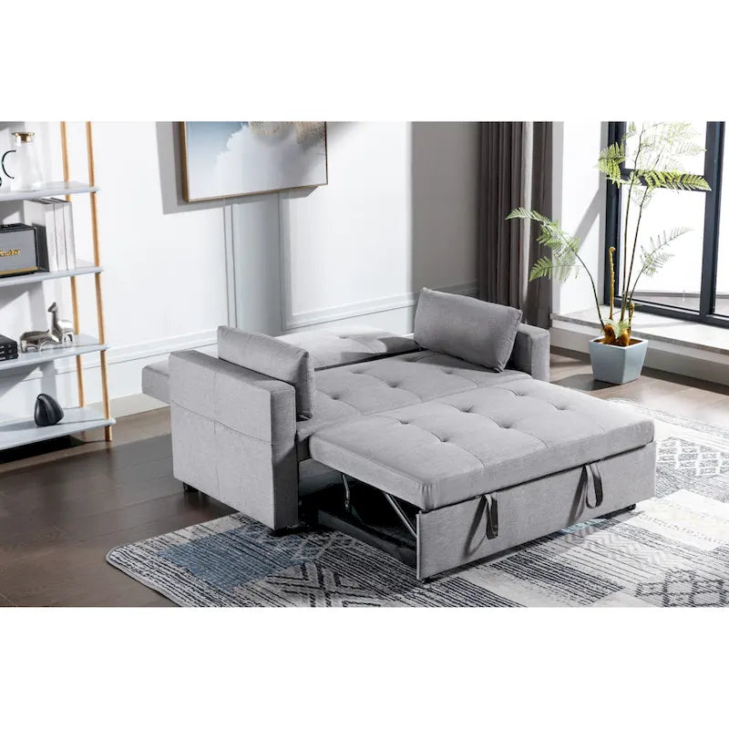Light Grey Linen Loveseat Convertible Sofa Bed with Side Pockets