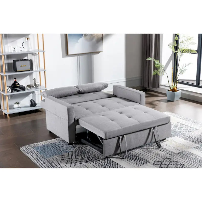 Light Grey Linen Loveseat Convertible Sofa Bed with Side Pockets