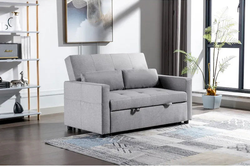 Light Grey Linen Loveseat Convertible Sofa Bed with Side Pockets