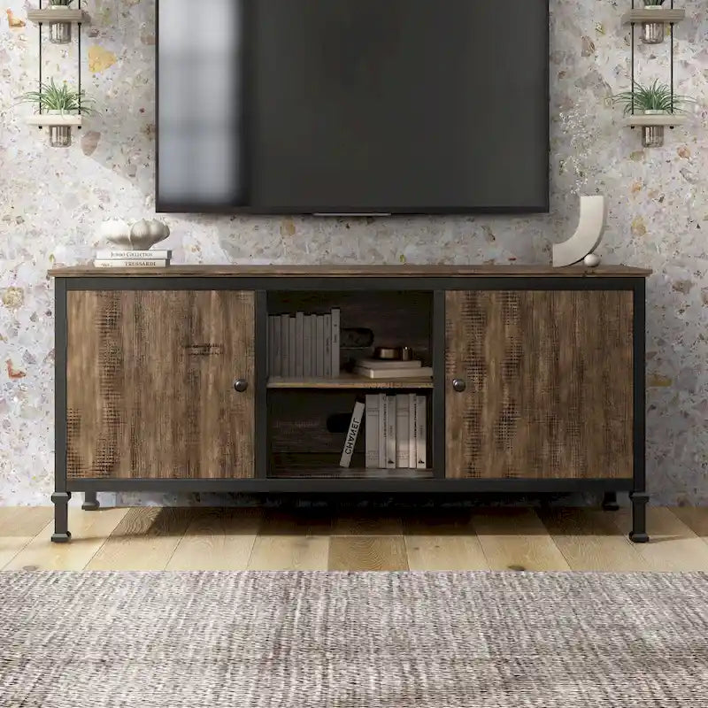 60-Inch Rustic Oak Wood and Metal Multi-functional TV Console
