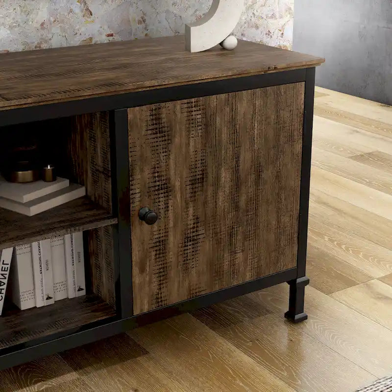 60-Inch Rustic Oak Wood and Metal Multi-functional TV Console