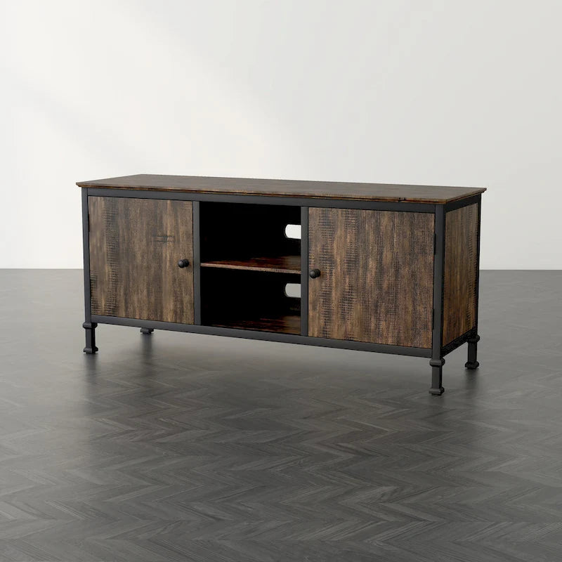 60-Inch Rustic Oak Wood and Metal Multi-functional TV Console