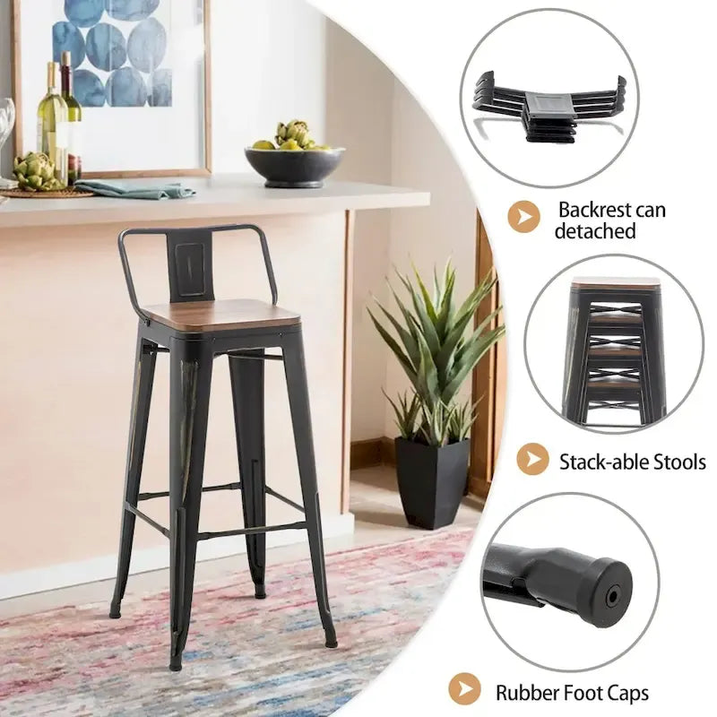 Black Bar Stools with Back, 24 or 26 Inch, Set of 2