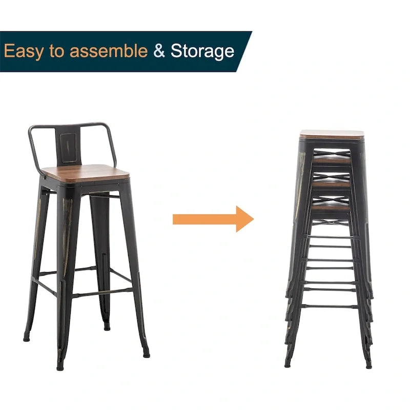 Black Bar Stools with Back, 24 or 26 Inch, Set of 2