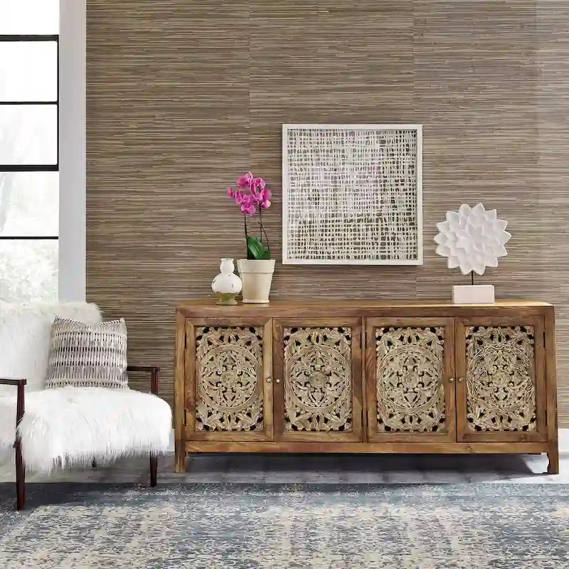 74-Inch Carved Mango Wood 4-Door TV Stand in Weathered Honey