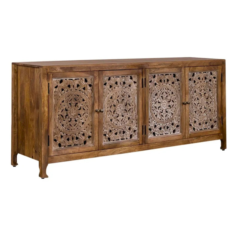 74-Inch Carved Mango Wood 4-Door TV Stand in Weathered Honey