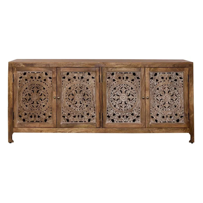 74-Inch Carved Mango Wood 4-Door TV Stand in Weathered Honey