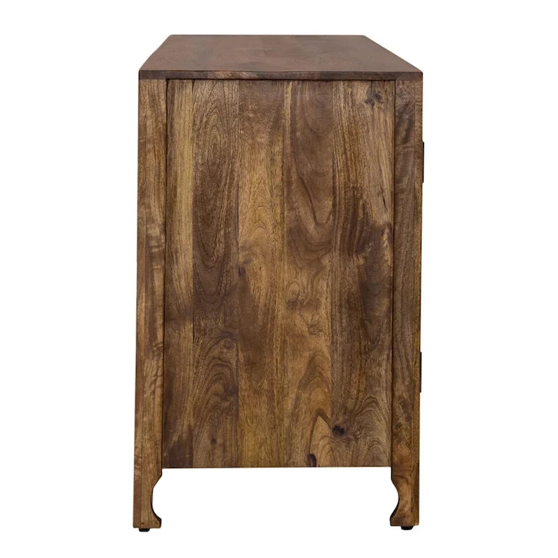 74-Inch Carved Mango Wood 4-Door TV Stand in Weathered Honey