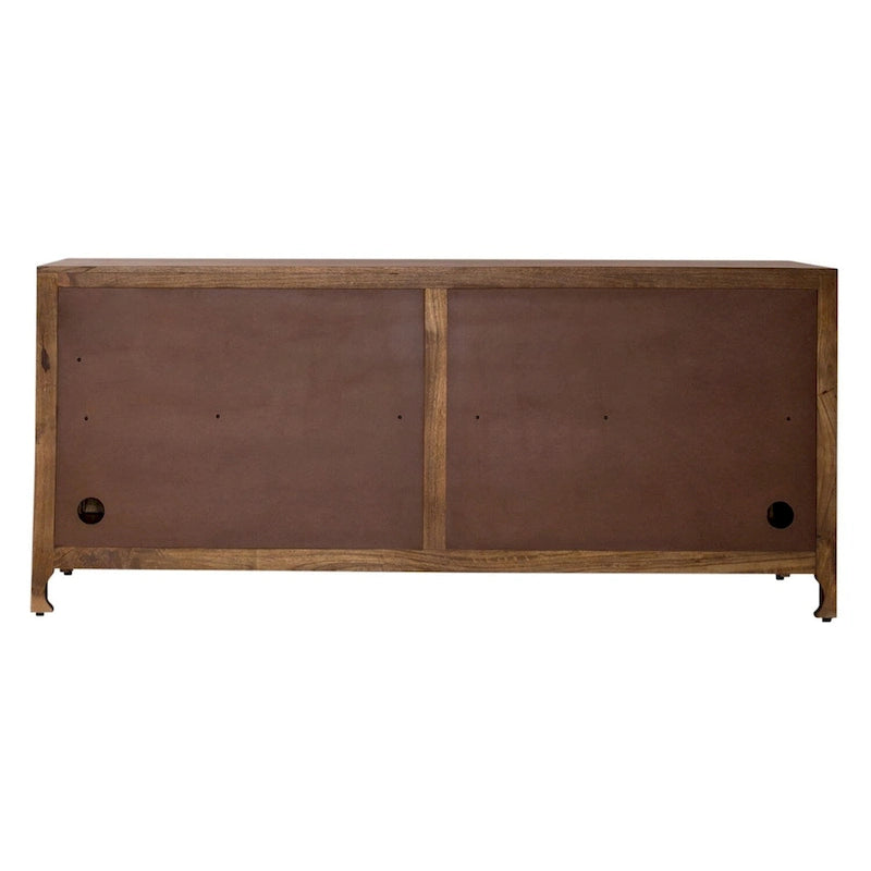 74-Inch Carved Mango Wood 4-Door TV Stand in Weathered Honey