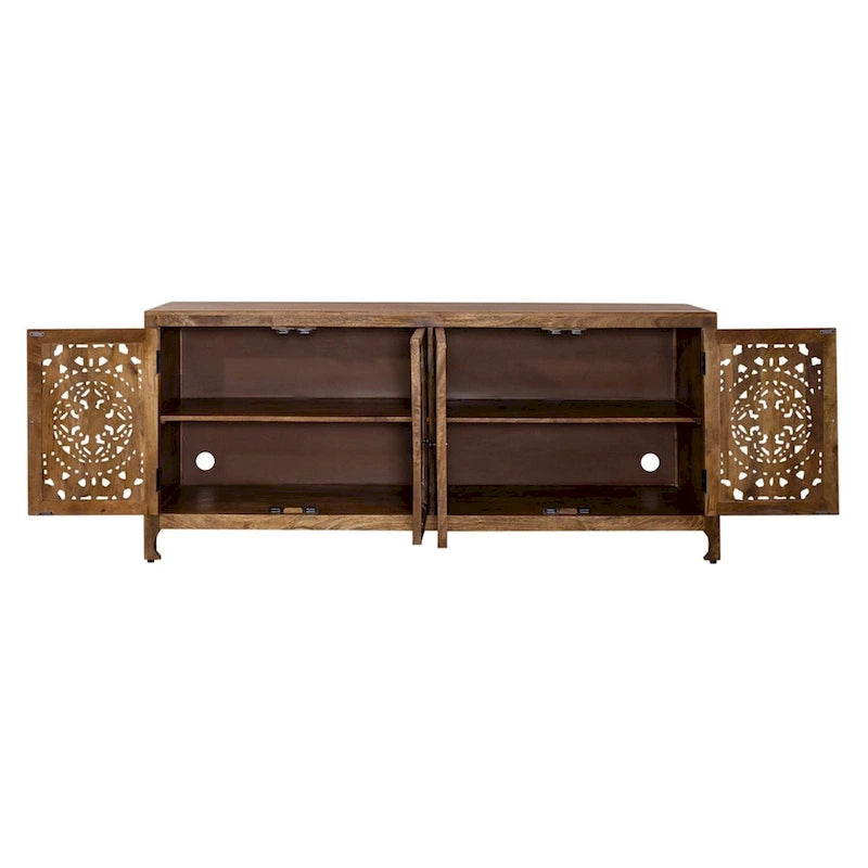74-Inch Carved Mango Wood 4-Door TV Stand in Weathered Honey