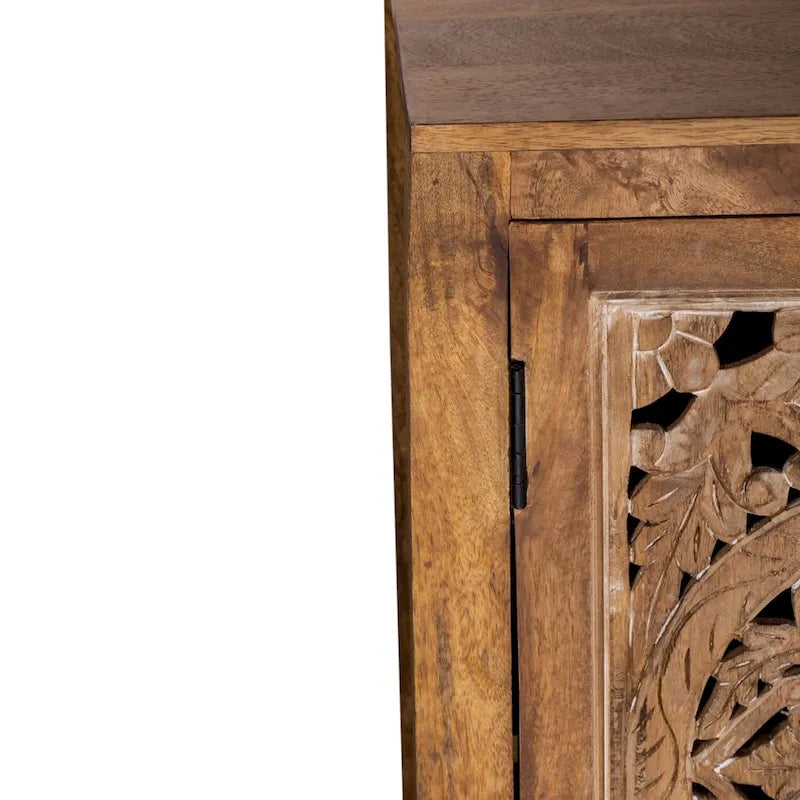 74-Inch Carved Mango Wood 4-Door TV Stand in Weathered Honey