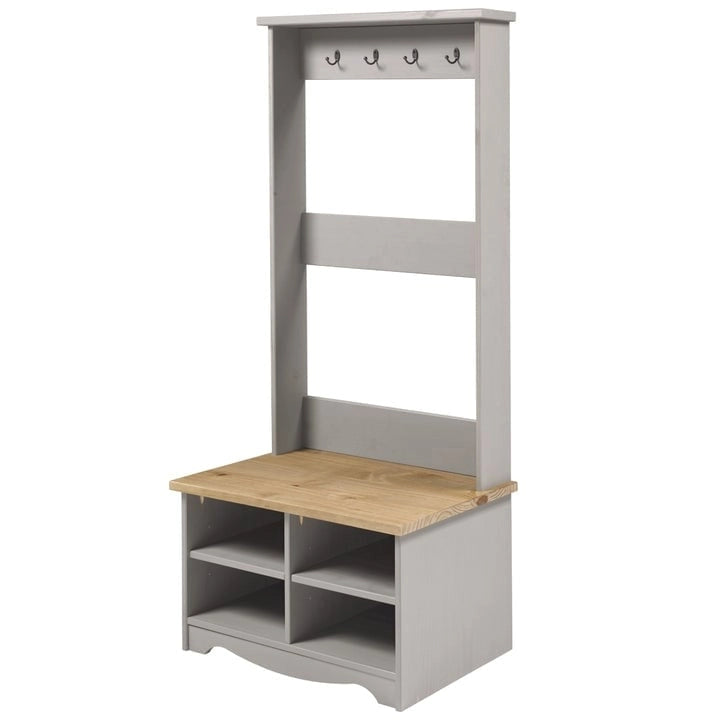 Solid Pine Wood Hall Tree in Gray Wash Finish
