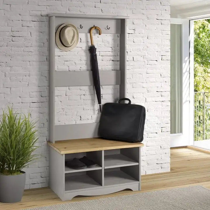 Solid Pine Wood Hall Tree in Gray Wash Finish