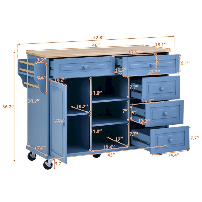 52.8 in. Rolling Kitchen Island with Storage and 5 Drawers