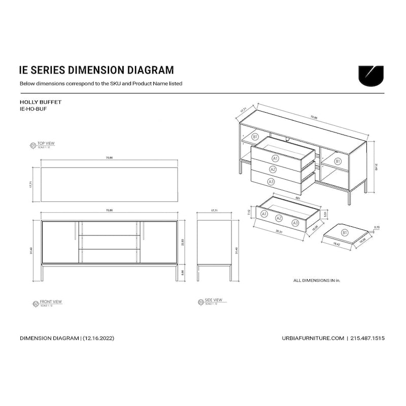 Oak Veneer Buffet with Stainless Steel Legs and Soft-Close Doors