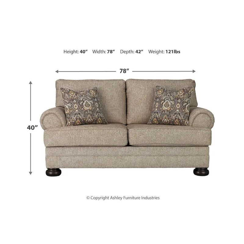 Oatmeal Chenille Loveseat with Roll Arms and Bun Feet