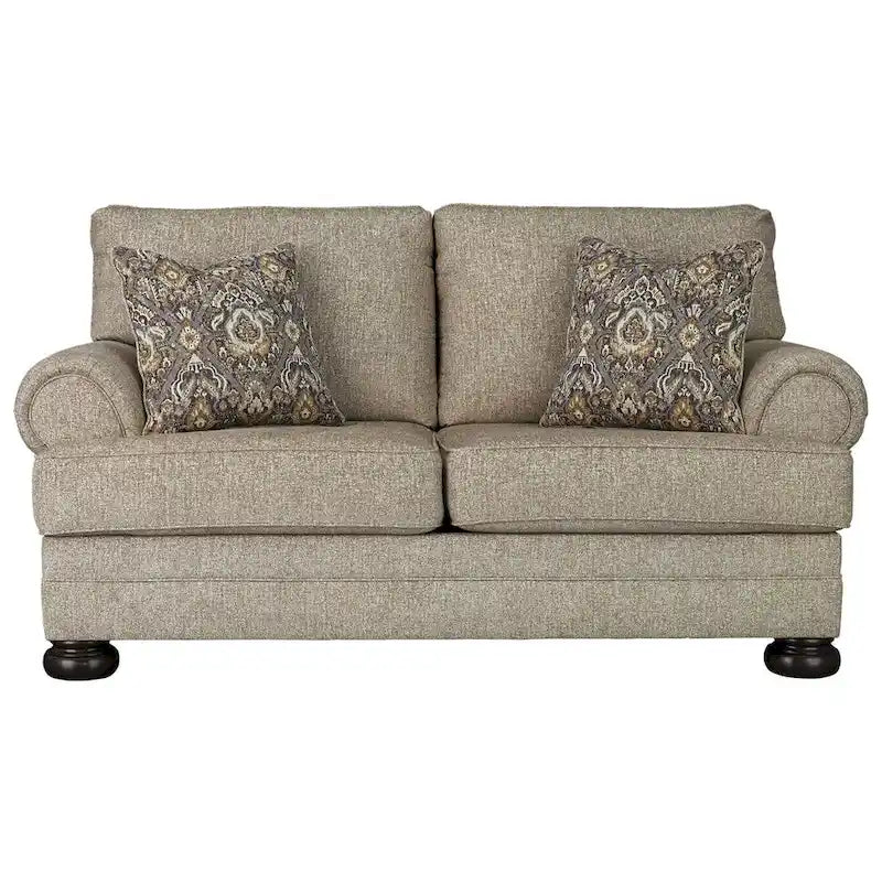 Oatmeal Chenille Loveseat with Roll Arms and Bun Feet