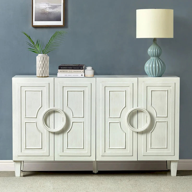 58-Inch Sideboard Buffet with Geometric Doors and Solid Wood Handles
