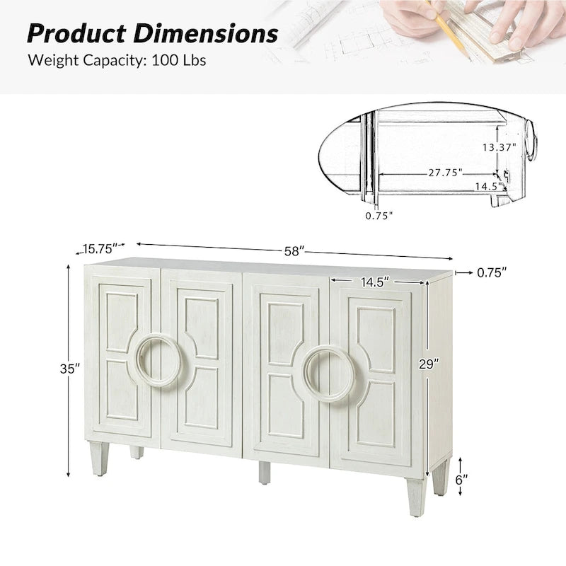 58-Inch Sideboard Buffet with Geometric Doors and Solid Wood Handles