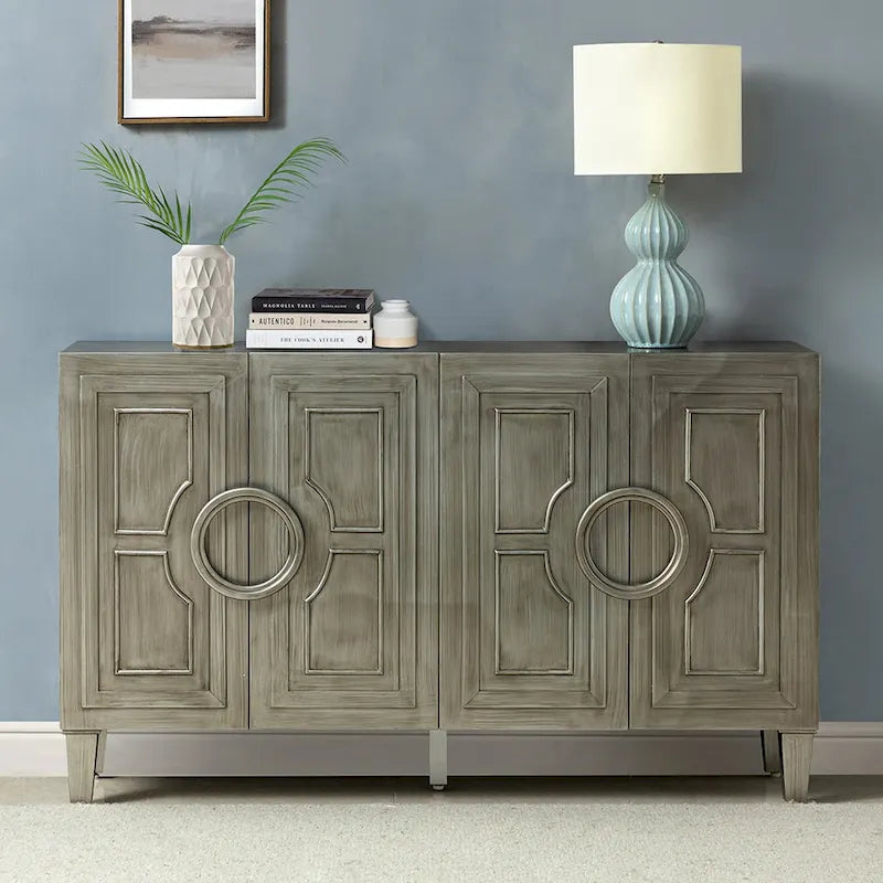 58-Inch Sideboard Buffet with Geometric Doors and Solid Wood Handles