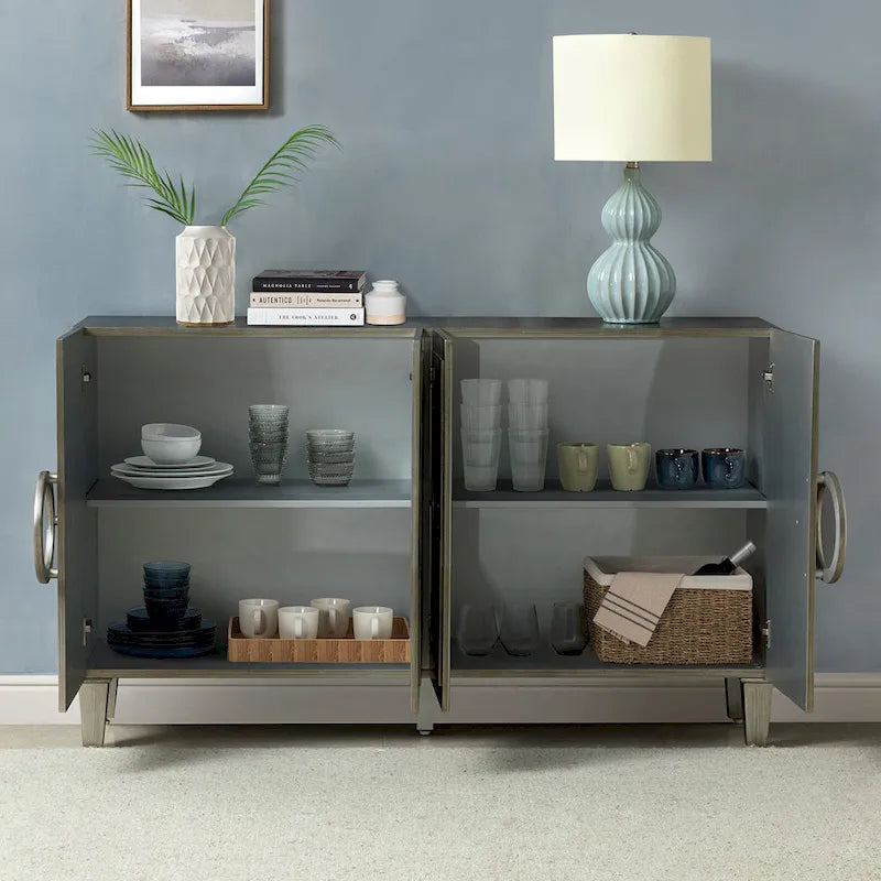58-Inch Sideboard Buffet with Geometric Doors and Solid Wood Handles