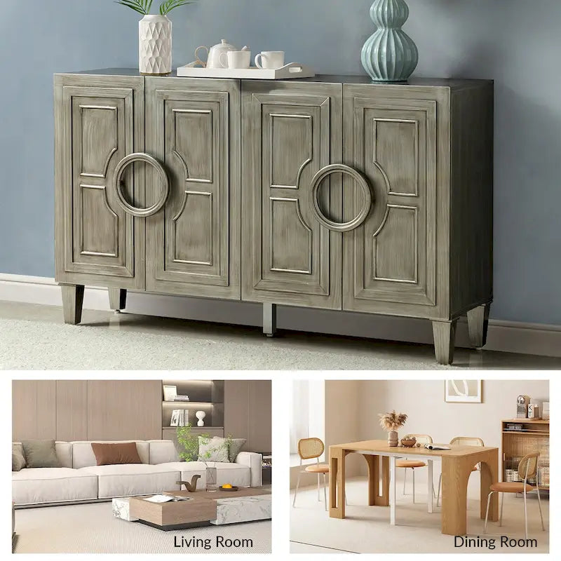 58-Inch Sideboard Buffet with Geometric Doors and Solid Wood Handles