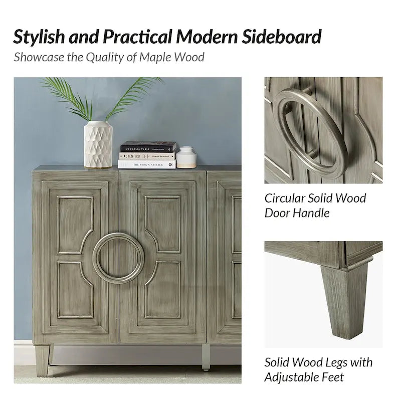 58-Inch Sideboard Buffet with Geometric Doors and Solid Wood Handles