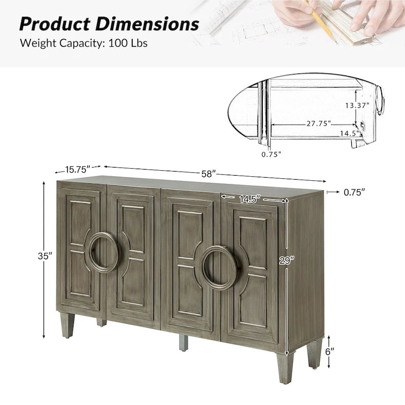 58-Inch Sideboard Buffet with Geometric Doors and Solid Wood Handles