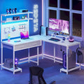 L-Shaped Gaming Desk with LED Lights, Pegboard, Drawers, and Monitor Stand